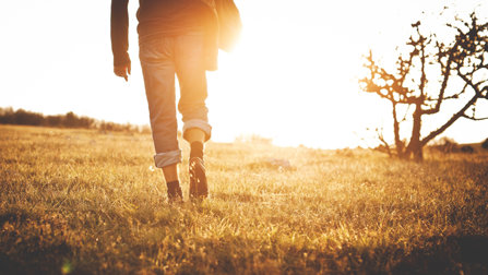 A person is walking toward sunshine. 